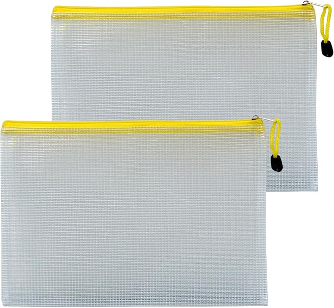 2 PCS Mesh Zipper Pouch Bags, Plastic Water-Resistant File Bags, for Office, School, Board Game, Puzzles, Travel Accessories, and Home Organization (Yellow, 11.6 x 8.07 in)