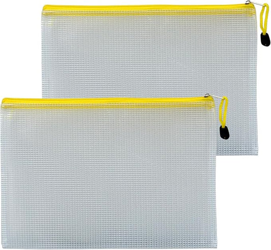 2 PCS Mesh Zipper Pouch Bags, Plastic Water-Resistant File Bags, for Office, School, Board Game, Puzzles, Travel Accessories, and Home Organization (Yellow, 11.6 x 8.07 in)