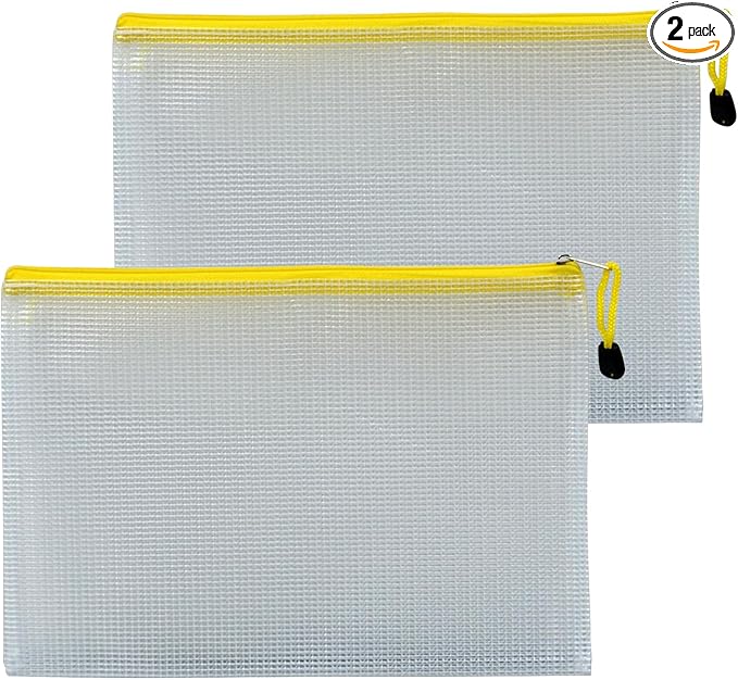 2 PCS Mesh Zipper Pouch Bags, Plastic Water-Resistant File Bags, for Office, School, Board Game, Puzzles, Travel Accessories, and Home Organization (Yellow, 11.6 x 8.07 in)