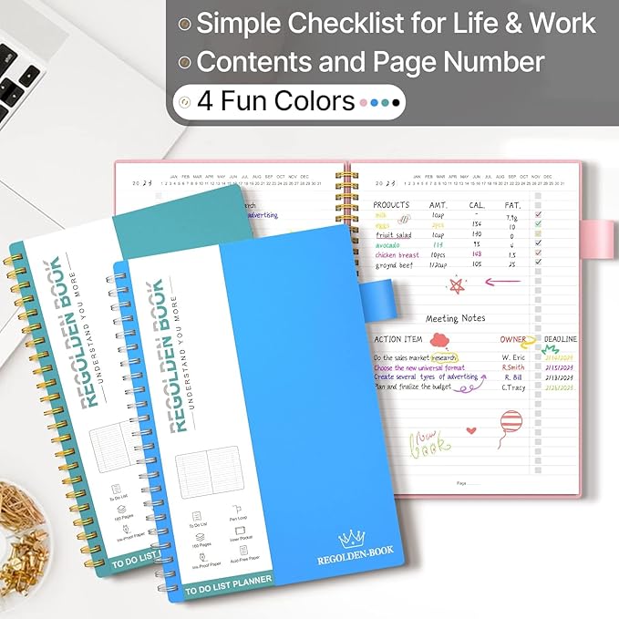 Regolden-Book To Do List Notebook, Daily Planner for Work, Project Tasks & Personal Organizer, Checklist Man/Women, Pocket, Pen Loop, 160 Pages (7"x10")
