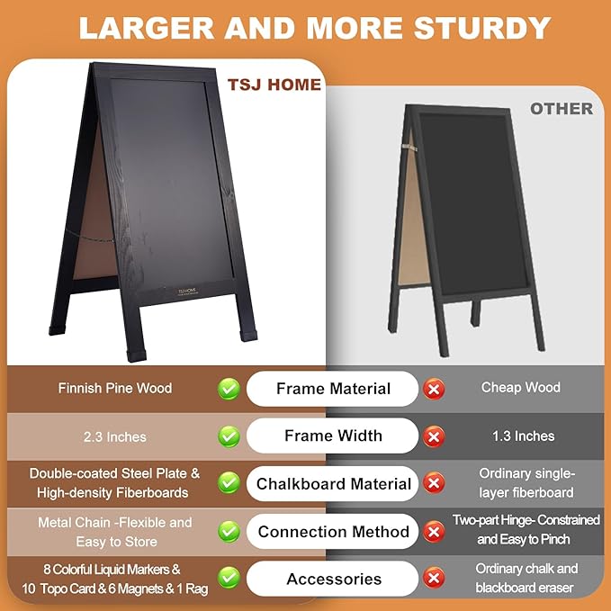 Wood Magnetic A-Frame Chalkboard Signs, 40" x 20" Large Sandwich Board Signs Outdoor, Double-Sided Sidewalk Blackboard for Business, Wedding, Vendor Display, Coffee Shope - Black