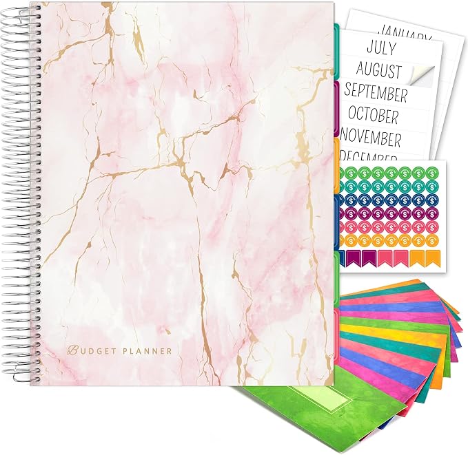 Global Printed Products Budget Planner & Monthly Bill Organizer With 12 Envelopes and Pockets. Expense Tracker Notebook and Financial Planner Budget Book to Control Your Money, 8.5" x 11", Pink Marble