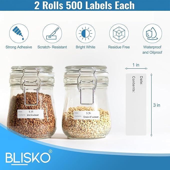 BLISKO 1000 Pcs Freezer Labels, 2 Rolls, 1x3 Inch Food Labels Stickers with Pre-Printed Date & Contents, Food Storage Labels, Waterproof, No Residue for Meal Prep, Food Containers, Jars, Bags