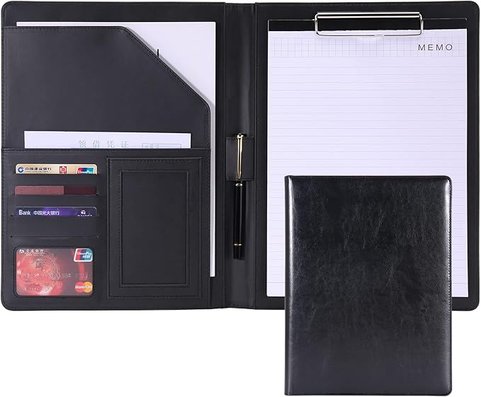 Padfolio/Portfolio Folder Clipboard,Resume/Interview Document Organizer & Business Card Holder Slot/Letter/A4 Size Writing Pad Holder,Faux Leather Office Conference Notepad Clip Boards, Black