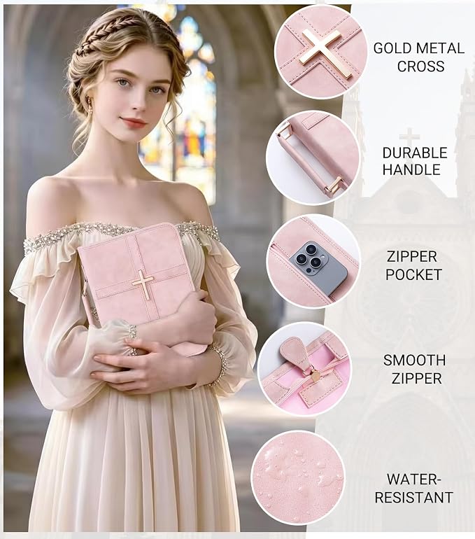 Vegan Leather Bible Cover for Men & Women, Bible Case with Gift Box, Christian Catholic Religious Bible Gifts (Pink)