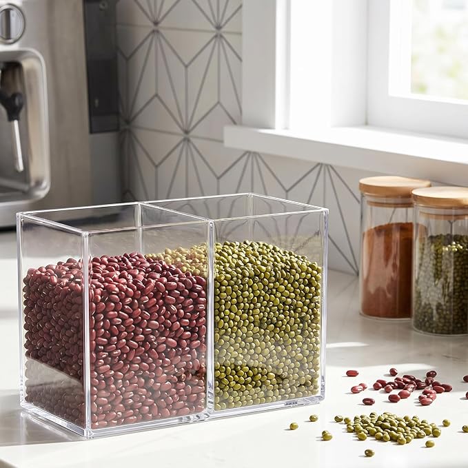 Acrylic Pen Holder for Desk, Clear, 2 Compartments | Countertop Desk Accessory Storage, Makeup Brush Organizer
