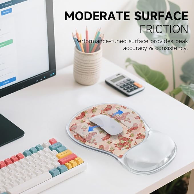 AUPET Ergonomic Mouse Pad with Gel Wrist Support – Non-Slip Mouse Mat with Comfortable Memory Gel Cushion – Relieves Wrist Pain – Designer Pattern for Home Office & Gaming (Pink Butterflies)