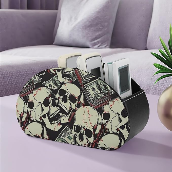 Skull Dollar Print Remote Control Holder Remote Organizer Storage Box for Multi-Media Controllers with 5 Compartments for Cosmetics Office Supplies