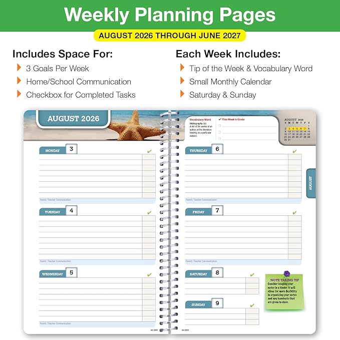 Global Datebooks 2026-2027 Middle & High School Student Planner 5.5" x 8.5" - Dated Weekly & Monthly Academic Planner with Ruler/Bookmark & Stickers, Ideal for Homework, Block Style, Kraft Doodles