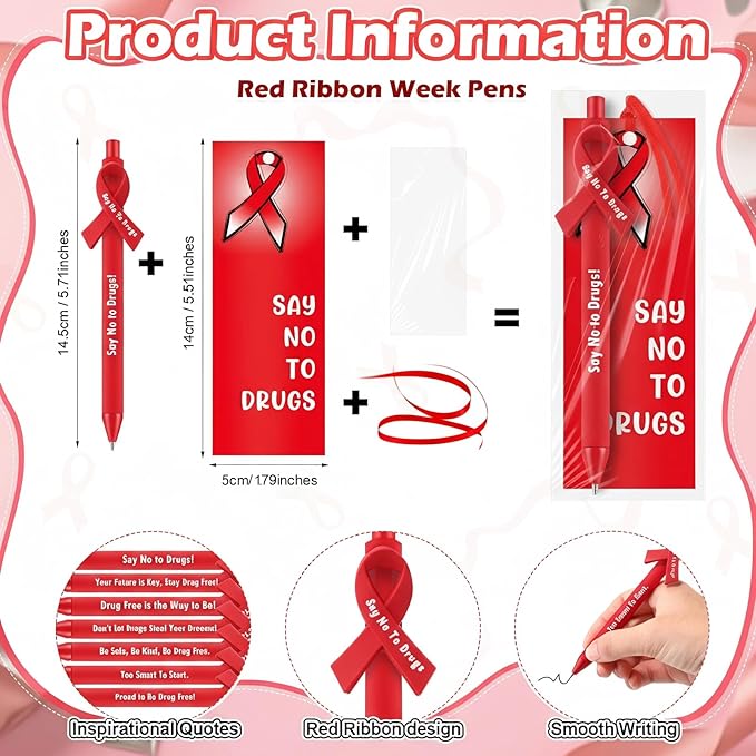 Eersida 48 Sets Red Ribbon Week Gift Supplies Say No to Drug Awareness Pens with Drug Free Bookmark Inspirational Red Ribbon Awareness Gift for Student School Charity Events Party Supplies