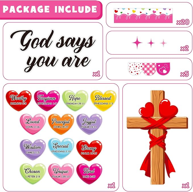 Valentine's Day Religious Bulletin Board Decoration Set, Valentines Day Christian Inspirational Classroom Decorations Love Hearts Cross Cutouts Church Library School Home Wall Door Decor for Teacher