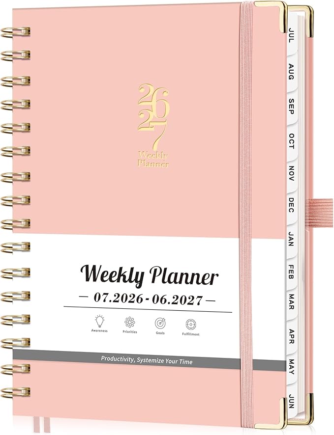 Academic Planner 2026-2027, Weekly and Monthly, A5 Size (5.7" x 8.3"), July 2026 - June 2027, To-do List for Tracking, for School, Home, Office, Hardcover, 12-Month Tabs (Pink)
