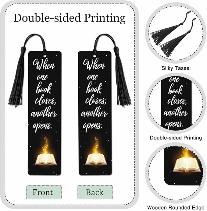 When One Books Bookmarks 5 Pcs Books Glitter Black Wooden Bookmark with Tassels for Reading Book Lovers Gift Office School Readers Teacher