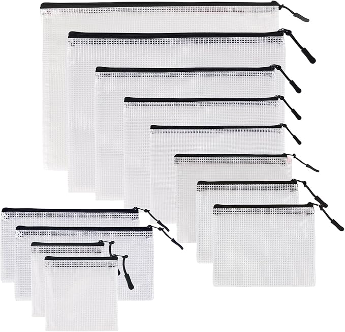 MultiBey Black Mesh Zipper Pouch 12 Pack, 9-Size Clear Zipper Pouches Storage Bags, Waterproof Travel Pouch for School Office Supplies, Puzzles & Games Organizing Storage (Multi-Size