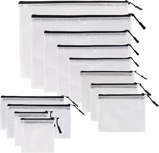 MultiBey Black Mesh Zipper Pouch 12 Pack, 9-Size Clear Zipper Pouches Storage Bags, Waterproof Travel Pouch for School Office Supplies, Puzzles & Games Organizing Storage (Multi-Size