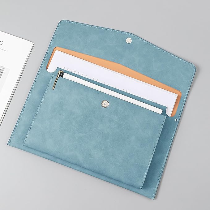 PU Leather A4 File Folder Document Holder with 2 Compartments Envelope Folder Case with Snap Closure for Receipt Contract (Cyan)
