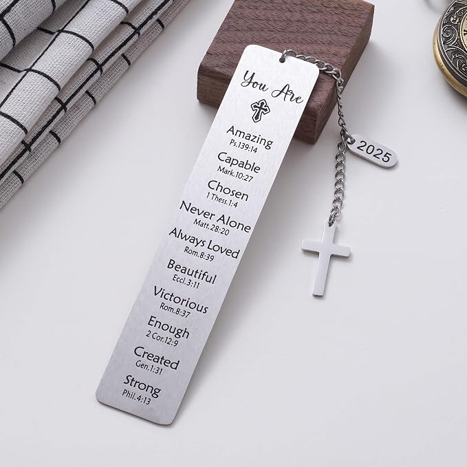 Christian Gift, 2025 Bible Verse Cross Charm Metal Bookmark for Women & Men, Faith-Based Religious Book Mark Gift for Book Lovers, Silver