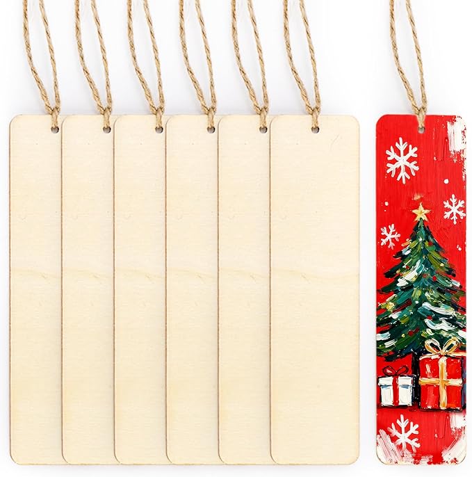 Cididu 150 Pieces Wood Blank Bookmark, DIY Wooden Craft Bookmark with Ropes | Unfinished Hanging Gift Tags Ornaments, Rectangle Crafts Blank for Wedding Birthday Party Decor Christmas , 4.7'' x 1.3''