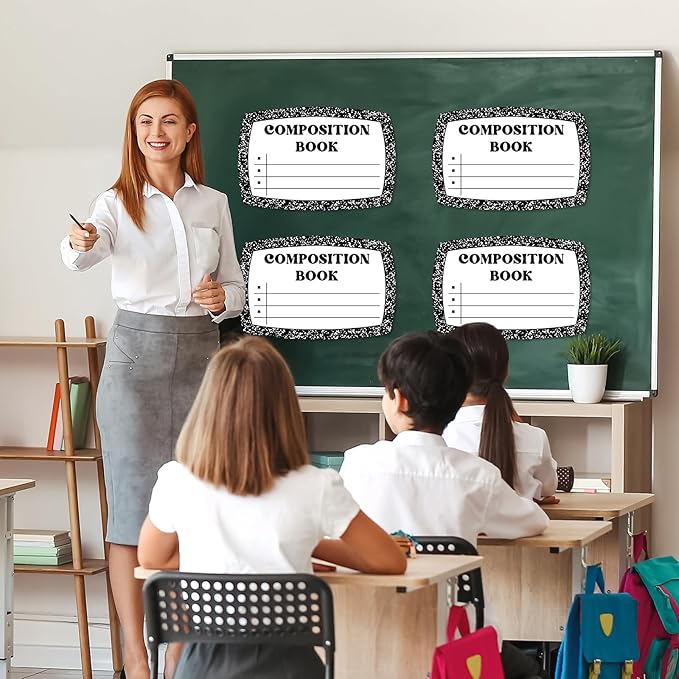Whaline 4Pcs Composition Book Bulletin Board Paper Classroom Decorations White Black Composition Notebook Cover Paper for Back to School Decorative Supplies