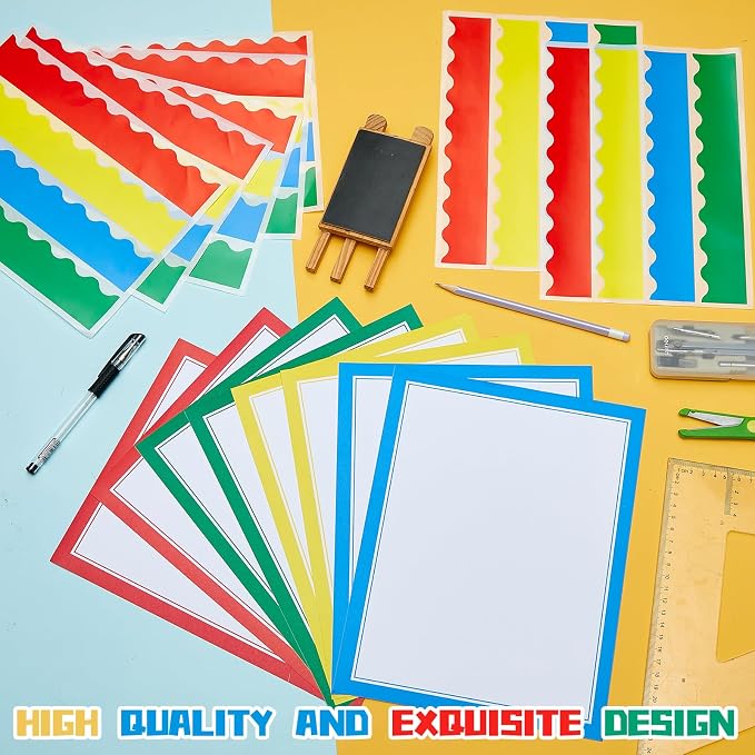 Henoyso 100 Pcs Science Fair Board Supplies Back to School Include 80 Trim Scalloped Bulletin Borders 20 Project Printable Adhesive Paper for Classroom Office Display(Red, Yellow, Blue, Green)