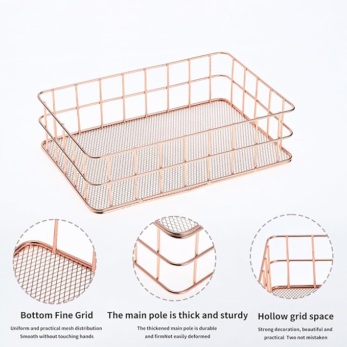 2pcs Rose Basket Bathroom Gold Organizer Storage Basket For Decor Desktop Exquisite Vanity Dresser Ornament Office Stationery Home(9.65*6.5*2.75inch) (Rose)