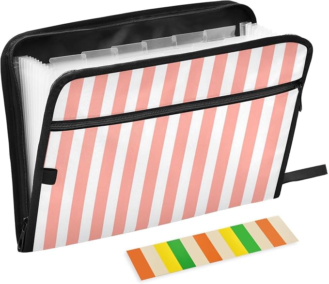 ALAZA White Striped 13 Pocket Expanding File Folder with Labels, Accordion File Folder File Organizer Letter A4 Paper for Office School Student