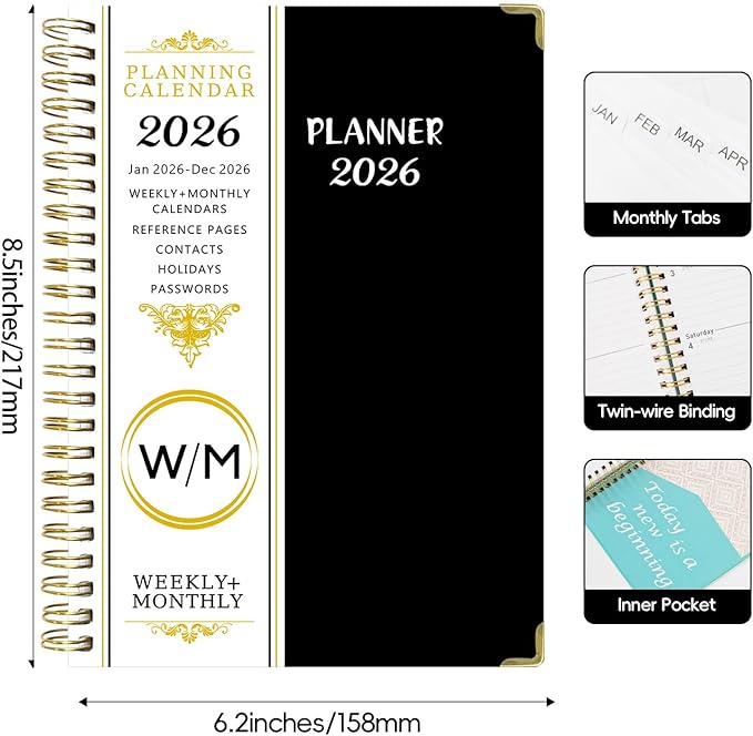 2026 Planner, Weekly and Monthly Academic Year 2026 Calendar(January 2026- December 2026), Agenda Book for School Stuedent, Teacher, Home, Office (Black(JAN2026-DEC2026))