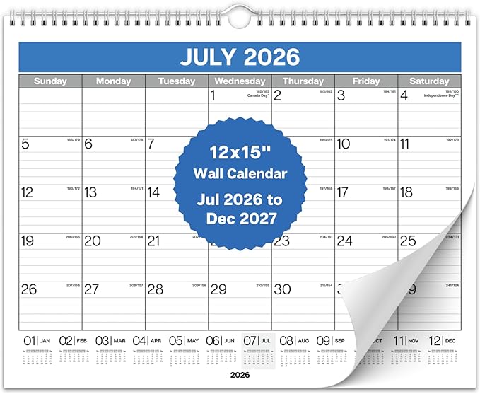 Dunwell 2026-2027 Wall Calendar 12x15 (Blue), July 2026 to December 2027, 12 x 15 Large Lined Monthly Academic Hanging Calendar, Professional Style for Home, Office, School or Organization