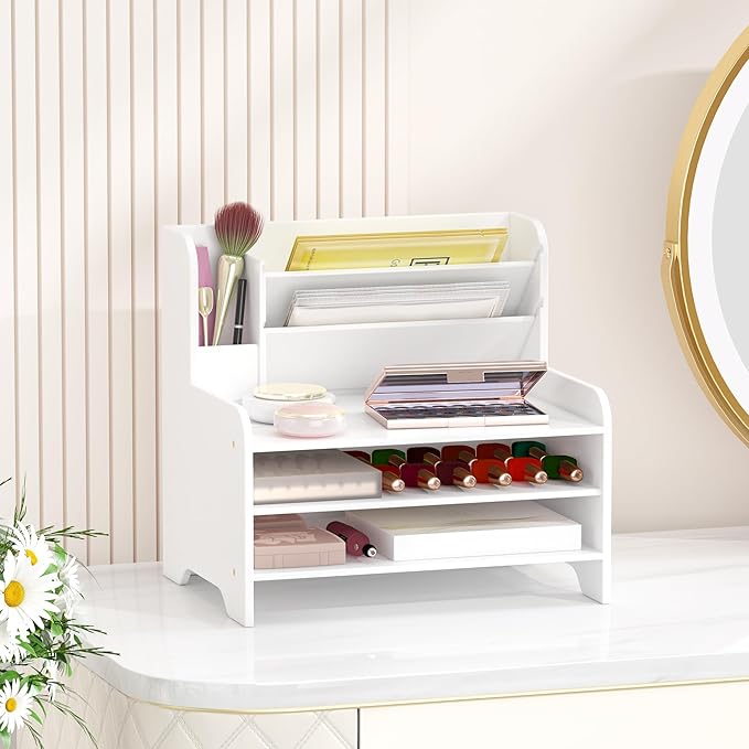 Desk File Organizer - 6-Tier Desktop Mail Letter Tray Paper Document Organizer with Pen Holder for Home Office Supplies, Office Desk Accessories & Workspace (White)