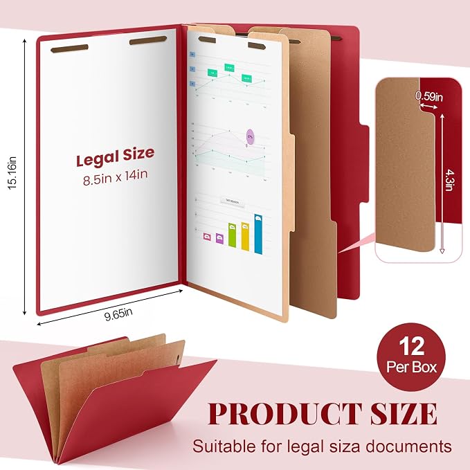 AmazingSpark 12 Pcs Legal Size Classification Folders Bulk 2 Divider Pressboard File Folder with Expansion 2 Prongs Fastener Heavy Duty Office File Organizer for School Hospitals Home(Dark Red)