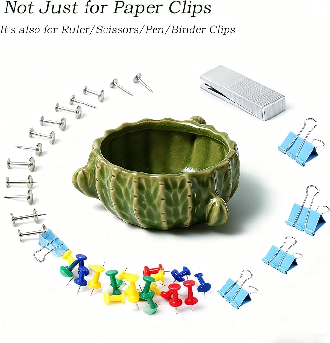 Ceramic Paper Clip Holder, 2 Pcs Green Cactus-Shaped Binder Clip Box Cute Office Decor Supplies for Desk Organizer (Cactus Green)
