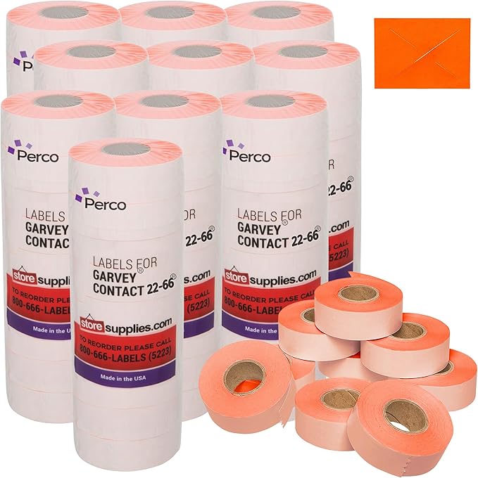 Perco Fluorescent Red Garvey 2216 Pricing Labels for Garvey 22-66/22-77/22-88 Two Line Pricing Gun - 90 Rolls, 10 Sleeves - 90,000 Pricemarking Labels and 10 Inkers Included