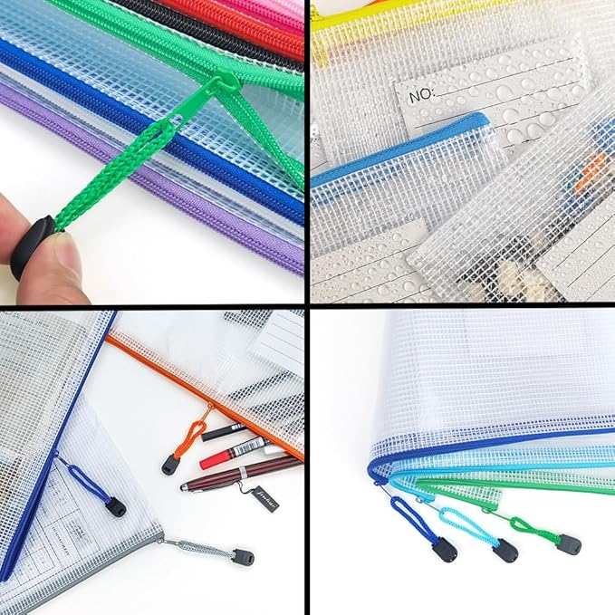 AUSTARK 24pcs Mesh Zipper Pouch Bags with Label, Multipurpose Waterproof Organization Storage Bag for Office School Home Travel (13.4''x9.4'', 12-Colors Zipper)