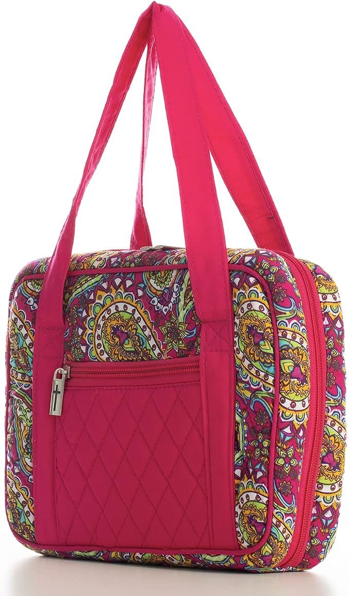 DIWI Quilted Bible Cover Large Sizes 10 X 7 X 2.75 Inches Bible Tote Good Book Case (L, C2 Magenta Paisley)