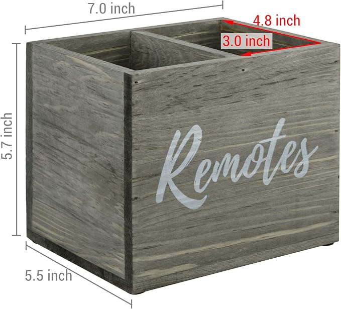 MyGift Vintage Gray Weathered Solid Wood Remote Holder for Table, 2 Compartment Caddy Holds TV DVD Blu-Ray Controls, Media Storage Box with White Cursive Remotes Label