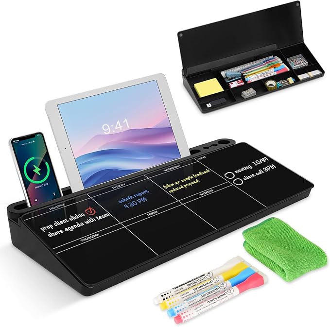 Desktop Glass Whiteboard with Storage, Weekly Calendar Desk Dry Erase White Board, Desk Organizers and Accessories, Weekly Planner Board for List, Planning, Memo, Note, Office, Home, College, School