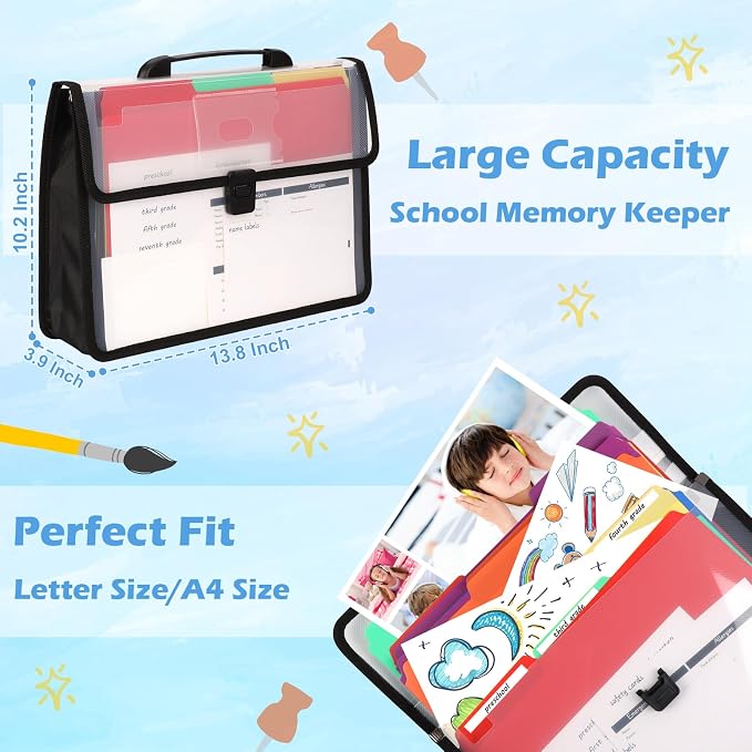 School Years Organizer Kit Clear Plastic Storage Tote with 20 Letter Size Colored Manila Folders 60 Reusable Sticker Labels School Memory Keepsake Box for Pre K to 12th Grade DIY Organization (Black)