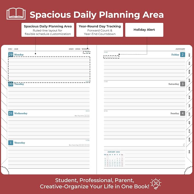 Planner 2026 Daily Weekly and Monthly,8.5"x6.5",12 Months Spiral Bound Calendar Agenda with Self-adhesive Pen Holder,2026 Appointment Book with Vegan Leather Soft Cover,Red