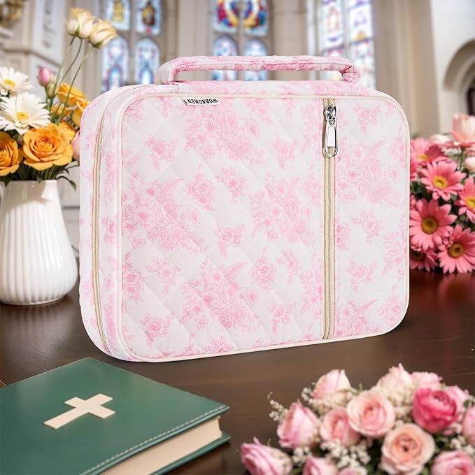 WOBAGMEN Bible Cover Case for Women,Large Bible Tote Bags Organizer Quilted Carrying Case for Girls,Bible Study Supplies Accessories Christian Gifts for Women (Elegant Pink Floral, M)