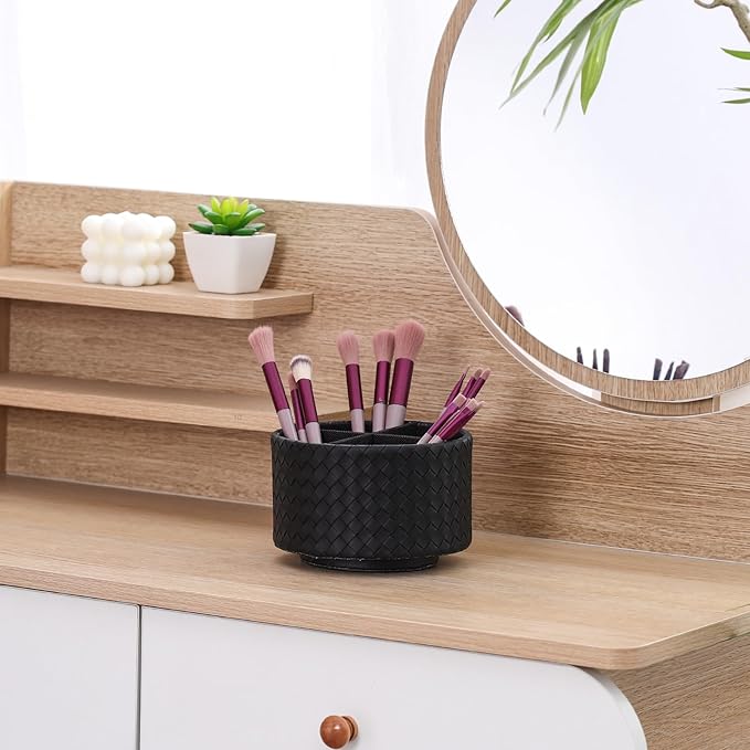 Spinning Pencil Holder, PU Leather 360 Degree Rotating Remote Control Holder for Table with 4 Compartments, Cute Pen Holder Desk Organizer, Black PH116
