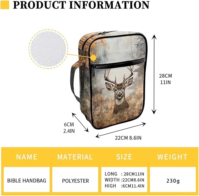 Suobstales Deer Forest Camo Print Bible Cover Carrying Book Case for Women Men Lightweight Bible Bag Bible Protective with Handle and Zippered Pocket