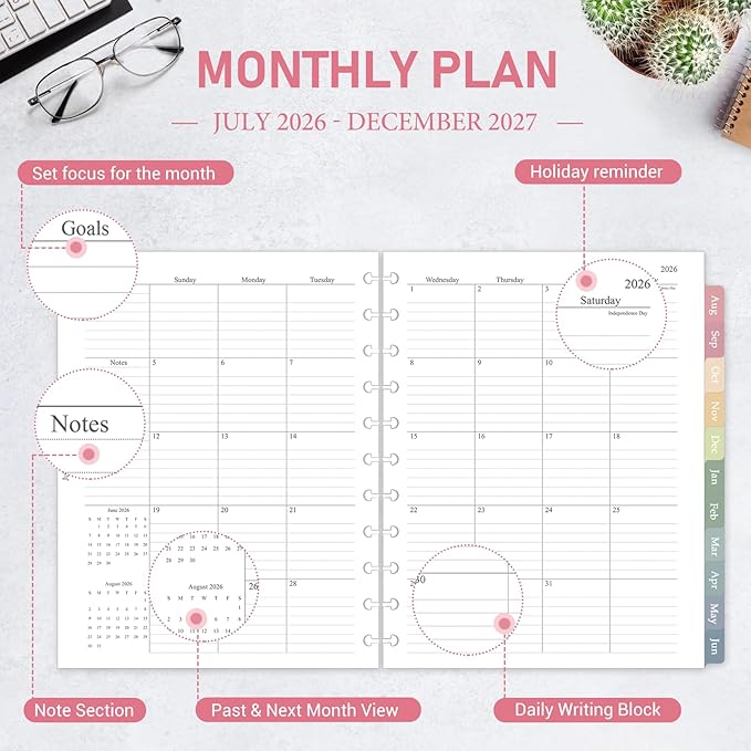 2026-2027 Monthly Planner Refill, Jul. 2026 - Dec. 2027, A4 Letter Size Planner Inserts for 11-Disc Discbound, 8.5"x11", 18 Monthly Calendars with Colorful Laminated Tabs