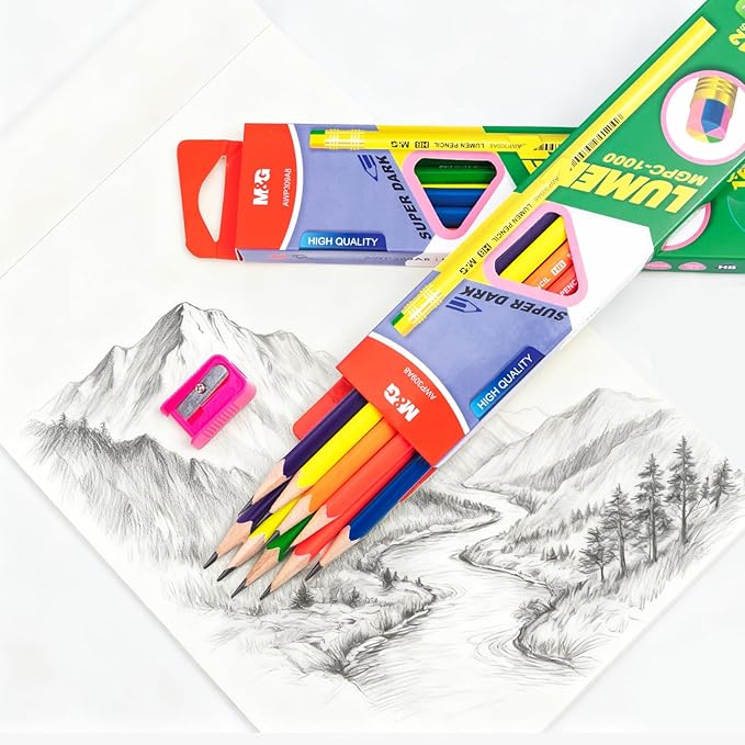 M&G Lumen Series 24 Pack HB Triangular Wood-Cased Pencils, Unsharpened with Multi-Color Erasers, Smooth Writing Break-Resistant Core, 6 Solid Bright Colors for School Office Classroom Supplies