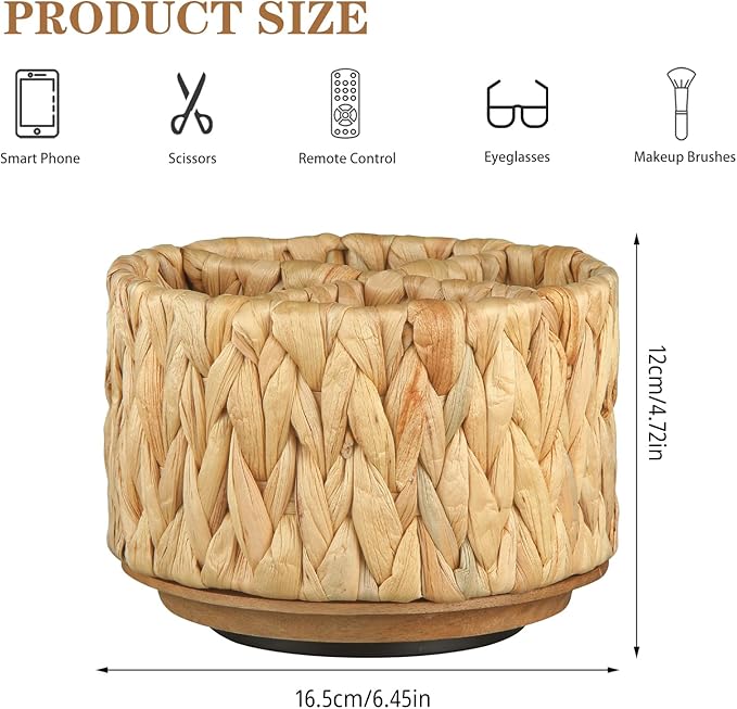 BIBELUN TV Remote Control Holder - Woven Water Hyacinth 360 Degree Rotating Desk Organizer | Boho Rattan Spinning Caddy | Pen/Art Supplies/Stationery Storage for Office, Living Room, Bedside Table