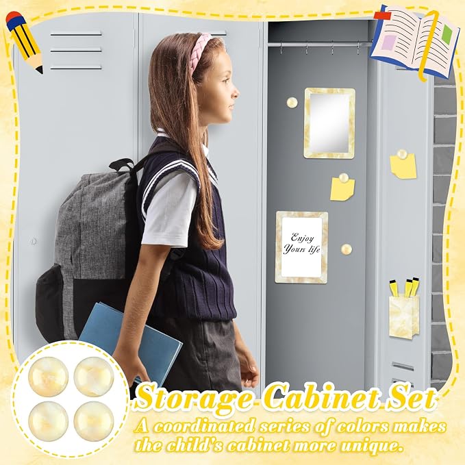 Magnetic Locker Marble Accessories Kit Pale Yellow Back to School Essentials Locker Organizer Supplies Include Mirror Whiteboard Pen with Holder Magnet Magnetic Buckle Back to School Essentials