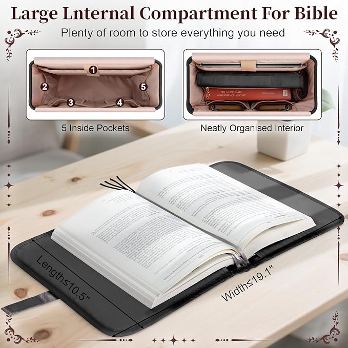 Large Bible Cover Case for Women, Bible Cover with Book Sleeve, Thick Padded Bible Case, Working Bible Tote Bag with Laptop and Bottle Pockets, Church Bag, Bible Bags for Women, Girl, Black