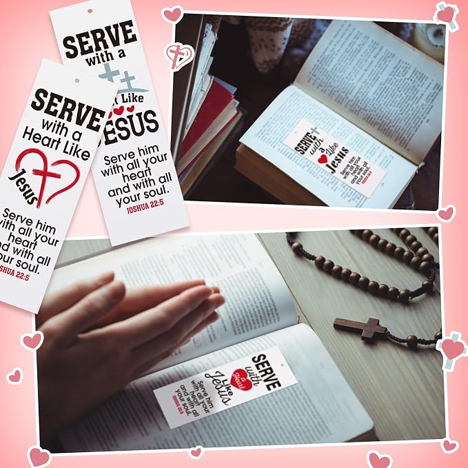 Dispowreath 60 Pcs Serving with a Heart Like Jesus Bookmarks Religious Joshua 22: 5 Bookmarks Church Exchange Gifts for Men & Women Sunday School Vbs Church Prizes Party Favors