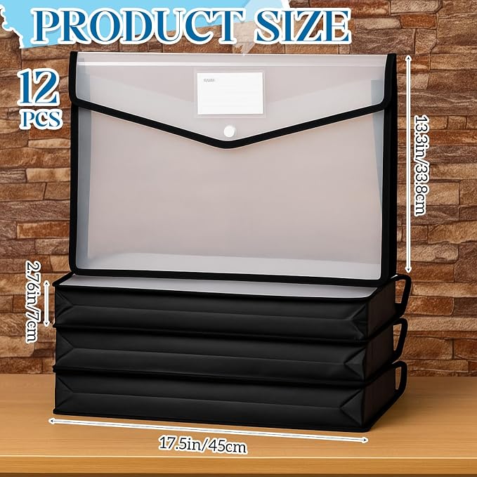 AmazingSpark 12 Pcs 11 x 17 Inch Expandable Tabloid Size Document Folder Organizers with Snap Closure & Label, Clear Plastic Expanding File Folder for A3 Ledger Size Plots Charts (Black)