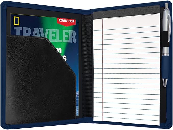 Classic Padfolio/Junior Portfolio Folder Case, Business A5 Binder Organizer Notepad for Men Women, 5 x 8 Writing Pad Included, Navy Blue