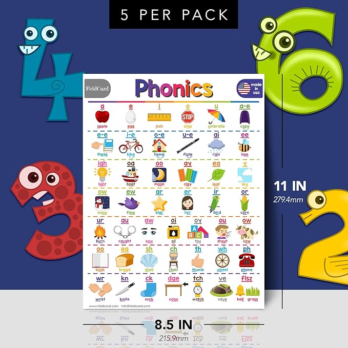 Phonics Chart for Preschool to Grade 1 Kids – Bright and Colorful Educational Visual/Learning Aid Poster Decoration for Classroom or Home | Glossy Durable Cardstock | 8.5" x 11" | 5 per Pack